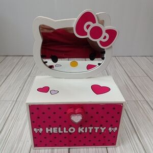 Sanrio Hello Kitty Polka Dot Wooden Jewelry Box with Handheld Mirror